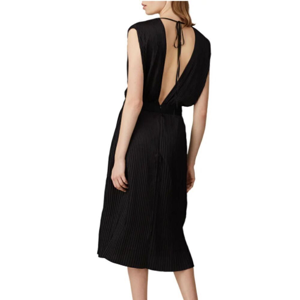 TOME Black Satin Cross Front Pleated Dress Elastic Stretch Waist Open Back Small